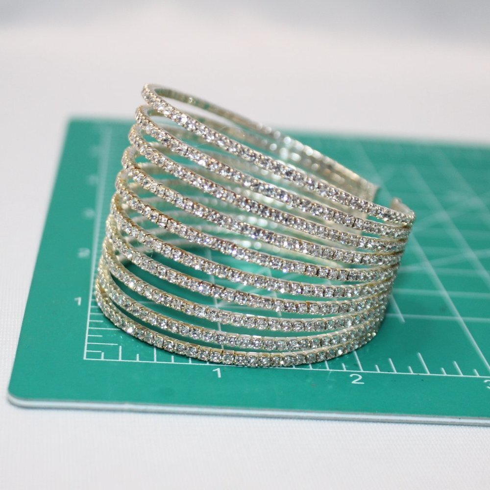 Layered 10 Row Rhinestone Cuff Bracelet - Picture 6 of 9
